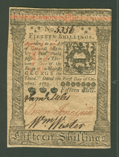 Pennsylvania Colonial, 15 Shillings Oct. 1, 1773, ChCU